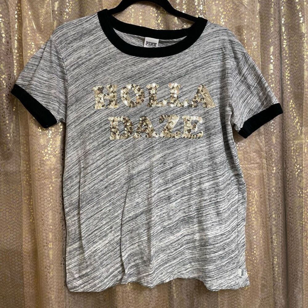 PINK Victoria Secret heather gray Holla Daze silver sequin ringer t-shirt, M